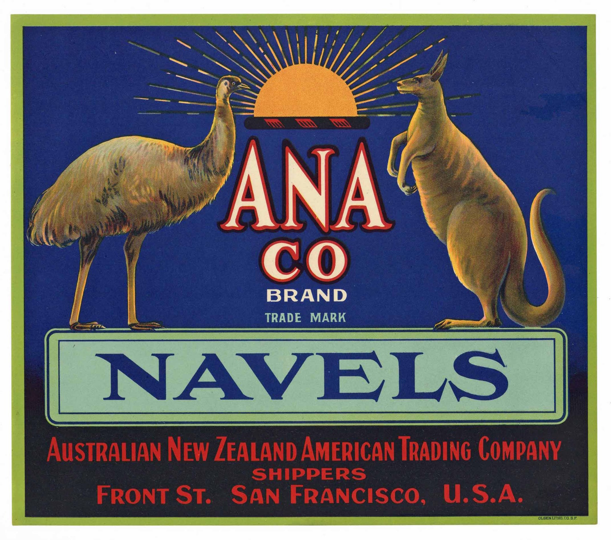 Ana Co. Brand Vintage Navel Orange Crate Label, Emu, Kangaroo, blue