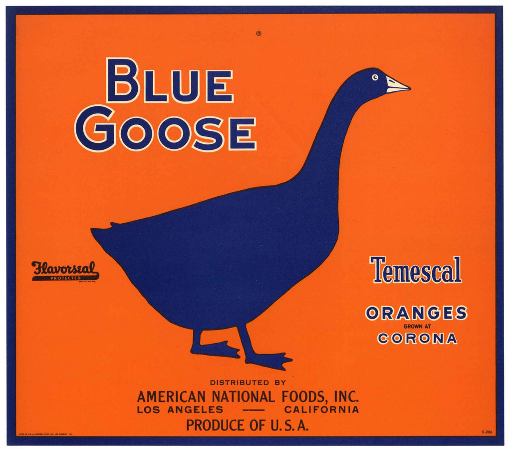 Blue Goose Brand Vintage Corona Orange Crate Label, Temescal