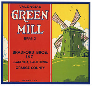 Green Mill Brand Vintage Placentia Orange Crate Label
