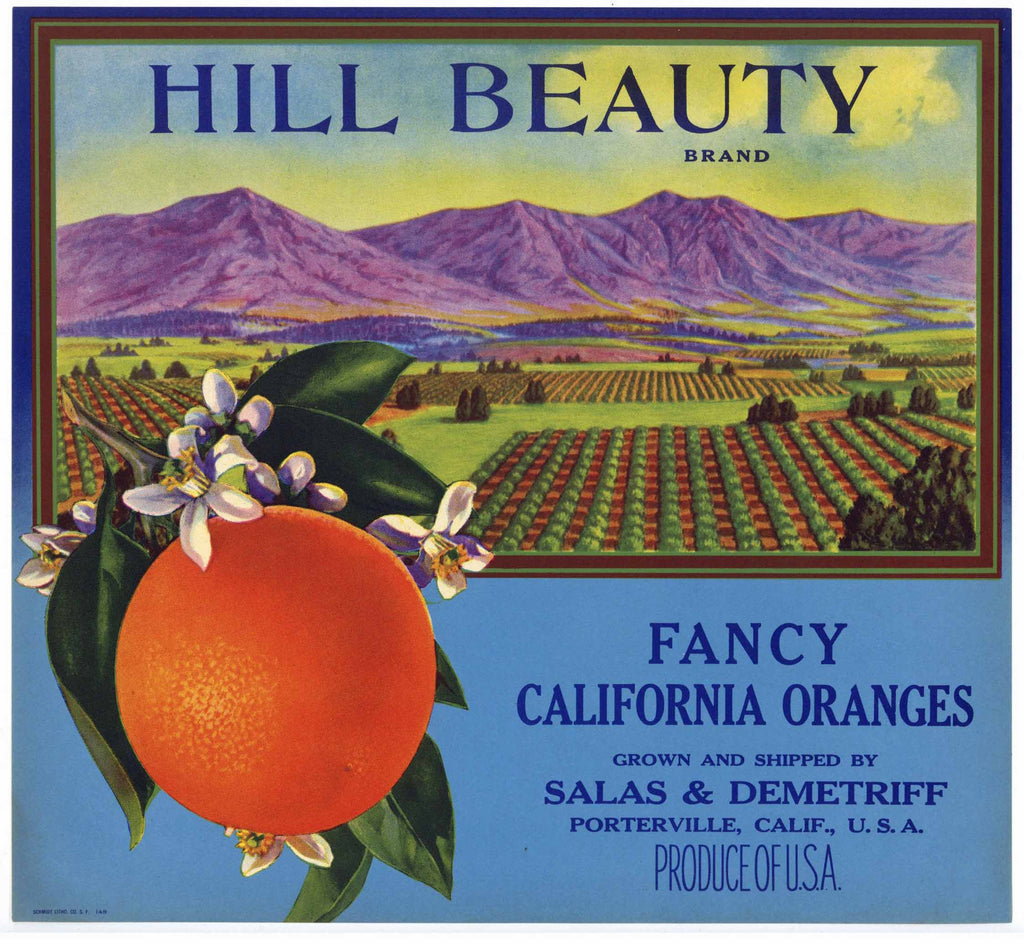 Hill Beauty Brand Vintage Porterville Orange Crate Label