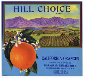 Hill Choice Brand Vintage Porterville Orange Crate Label
