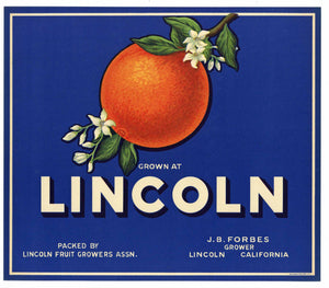 Lincoln Brand Vintage Placer County Orange Crate Label, blue