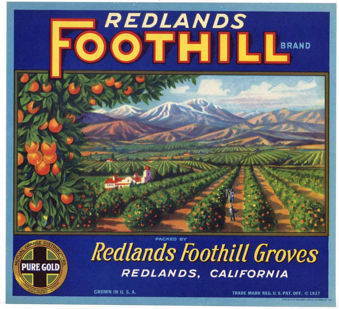 Redlands Foothills Brand Vintage Orange Crate Label