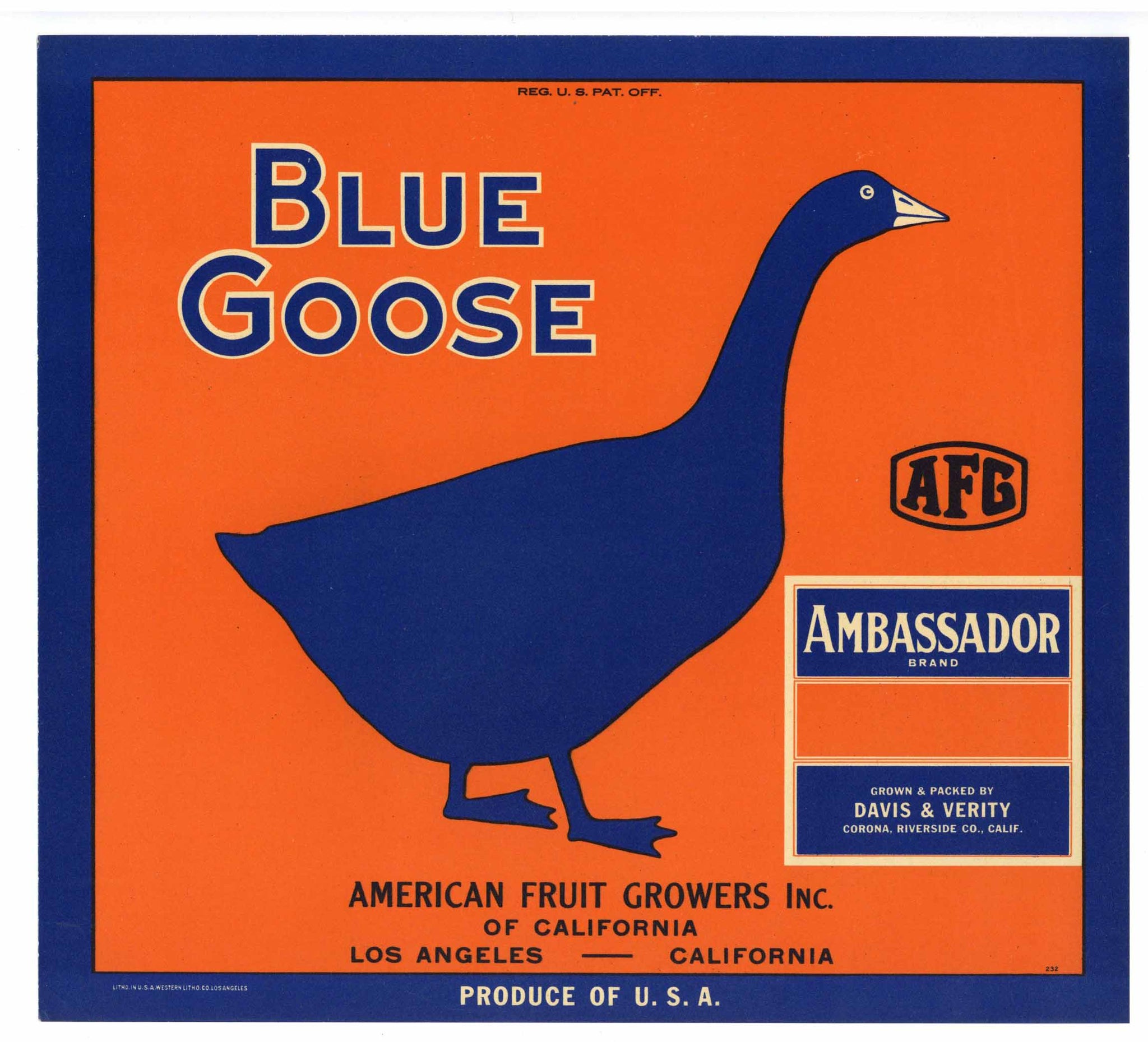Blue Goose Brand Vintage Orange Crate Label, Ambassador