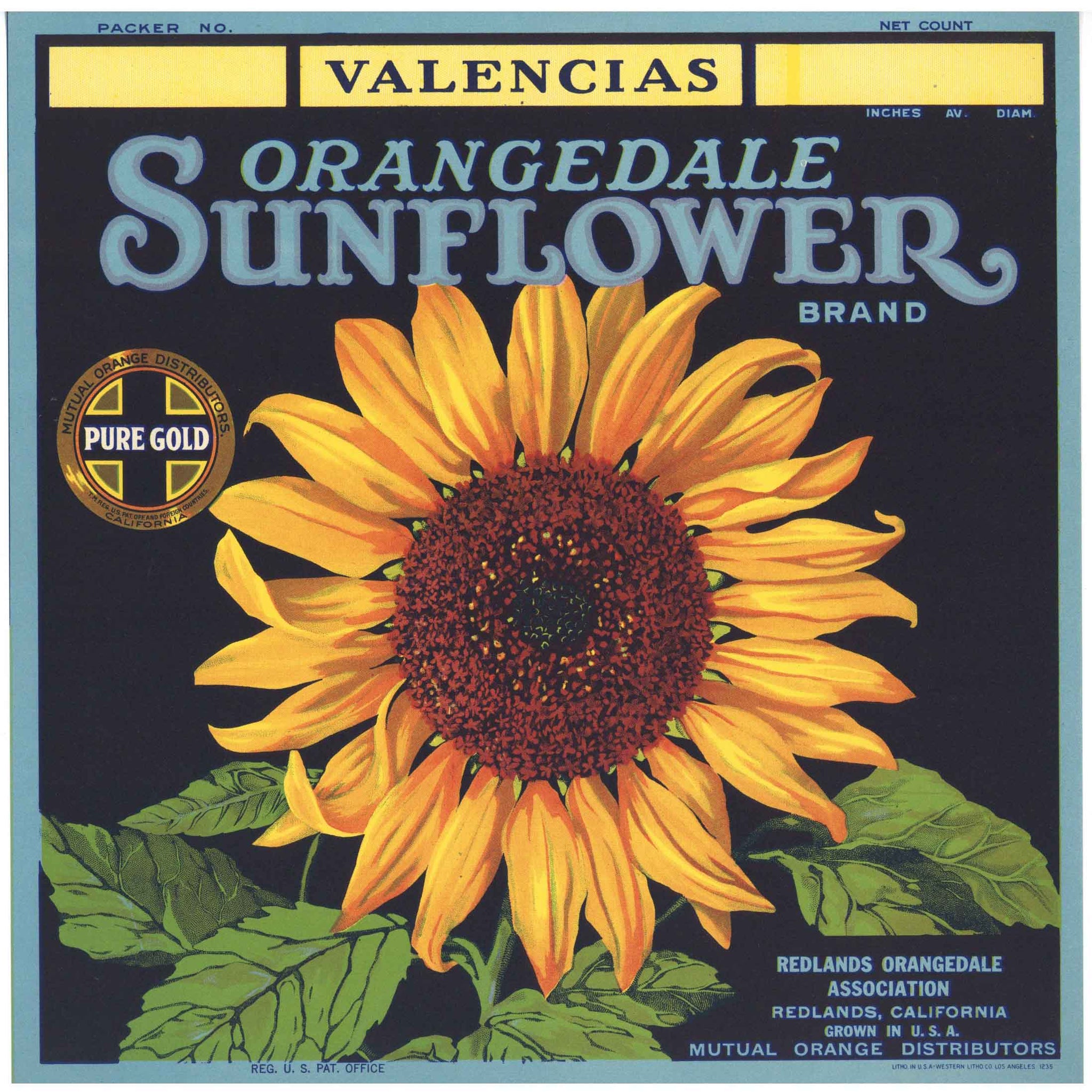 Sunflower Brand Vintage Redlands Orange Crate Label v