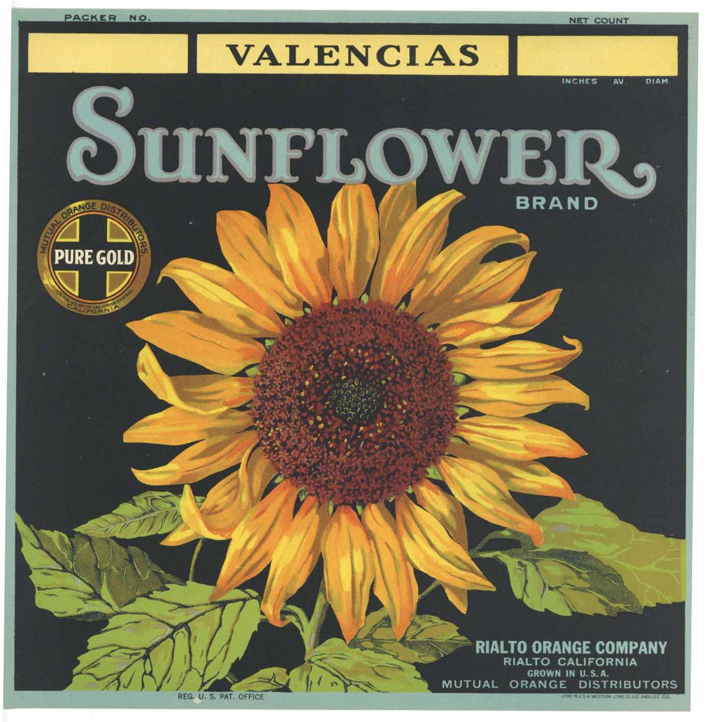 Sunflower Brand Vintage Rialto Orange Crate Label v