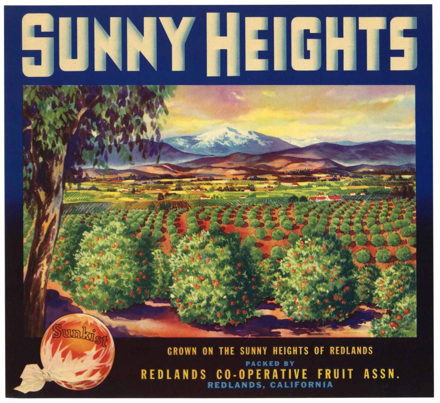 Sunny Heights Brand Vintage Redlands Orange Crate Label