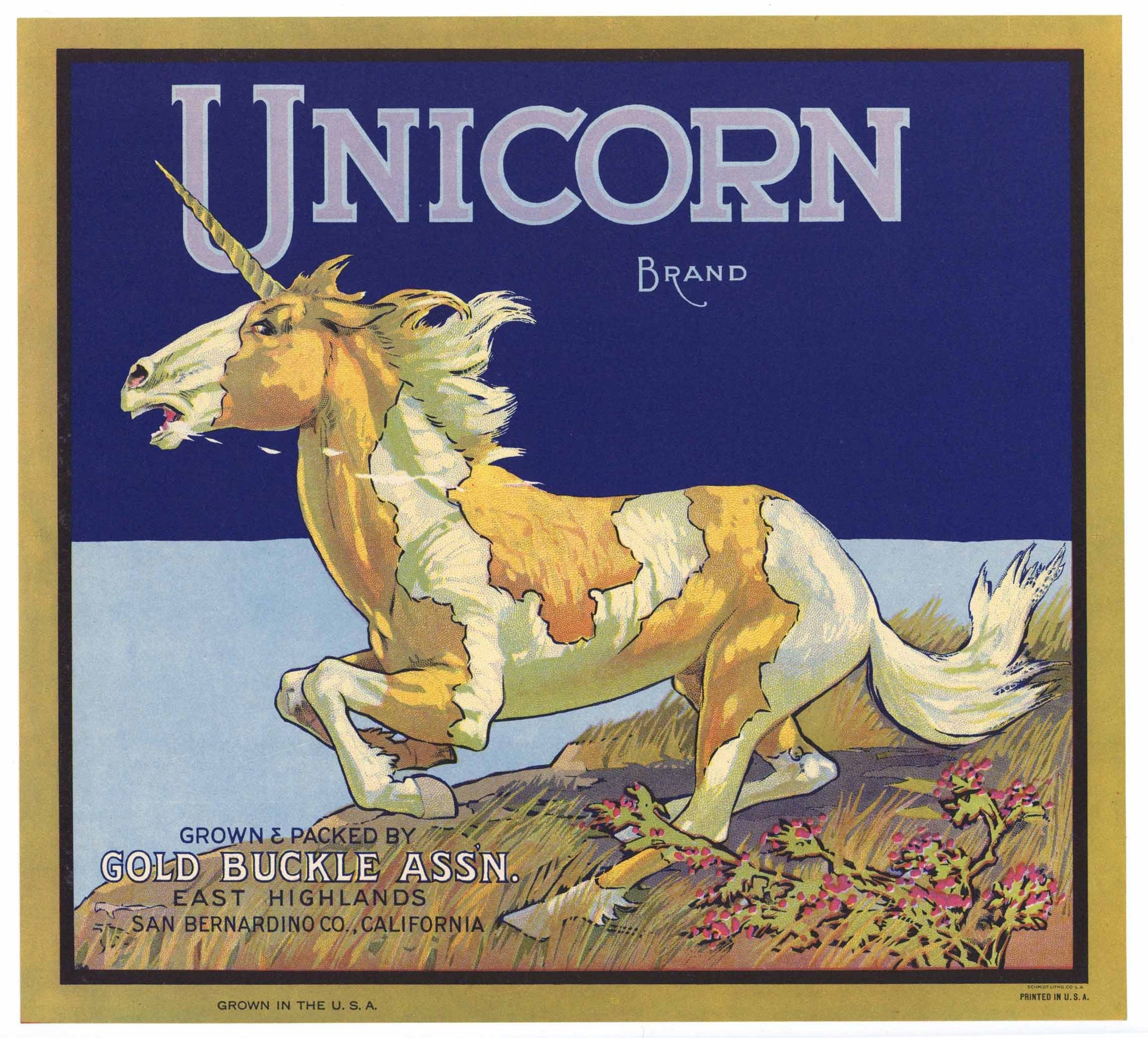 Unicorn Brand Vintage East Highlands Orange Crate Label