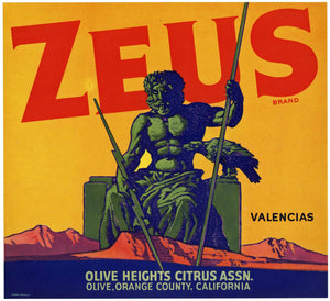 Zeus Brand Vintage Orange Crate Label, Orange County