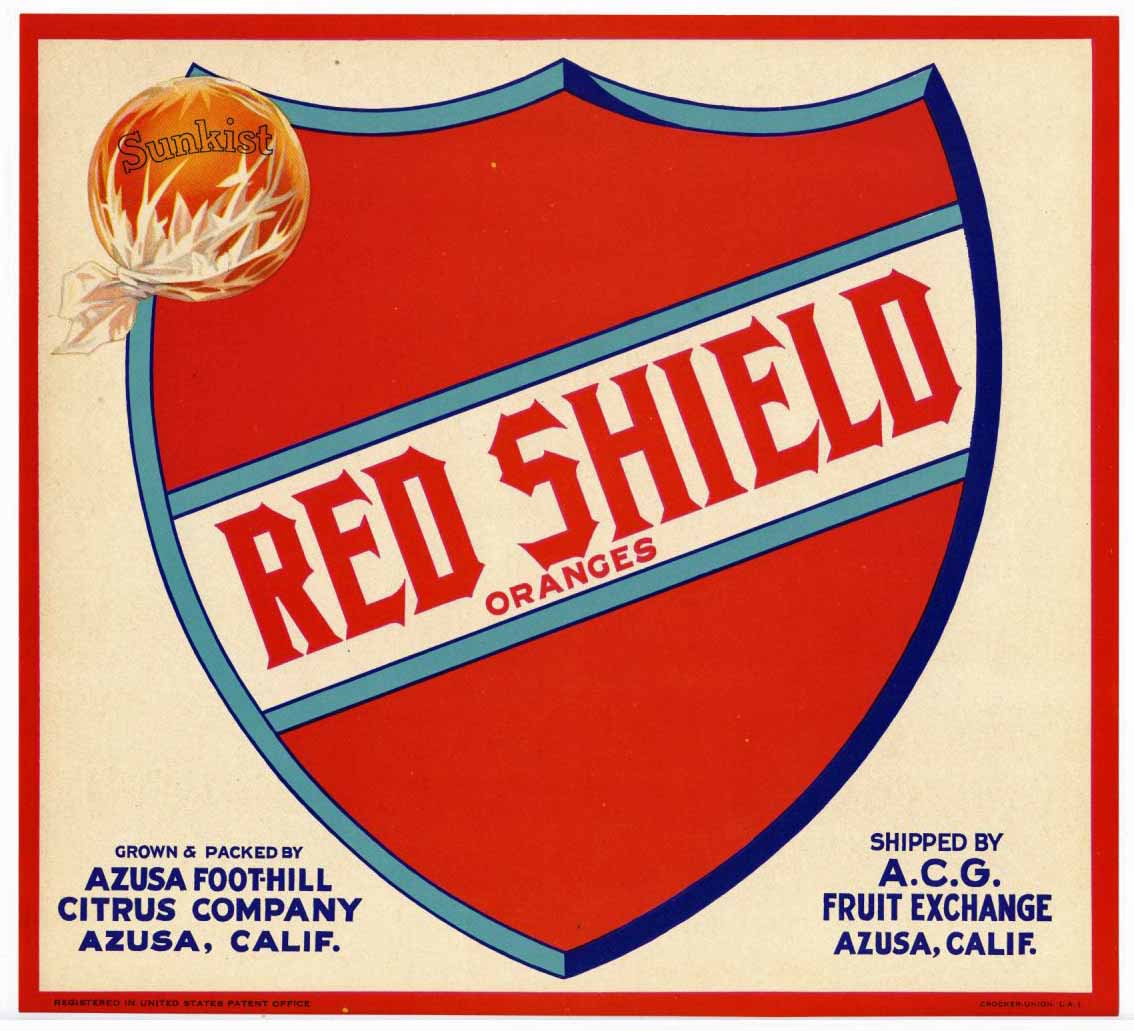 Red Shield Brand Vintage Azusa Orange Crate Label