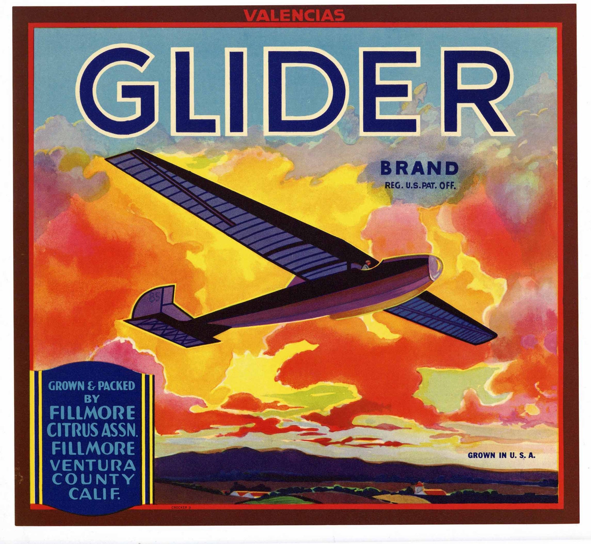 Glider Brand Vintage Fillmore Orange Crate Label, Valencias