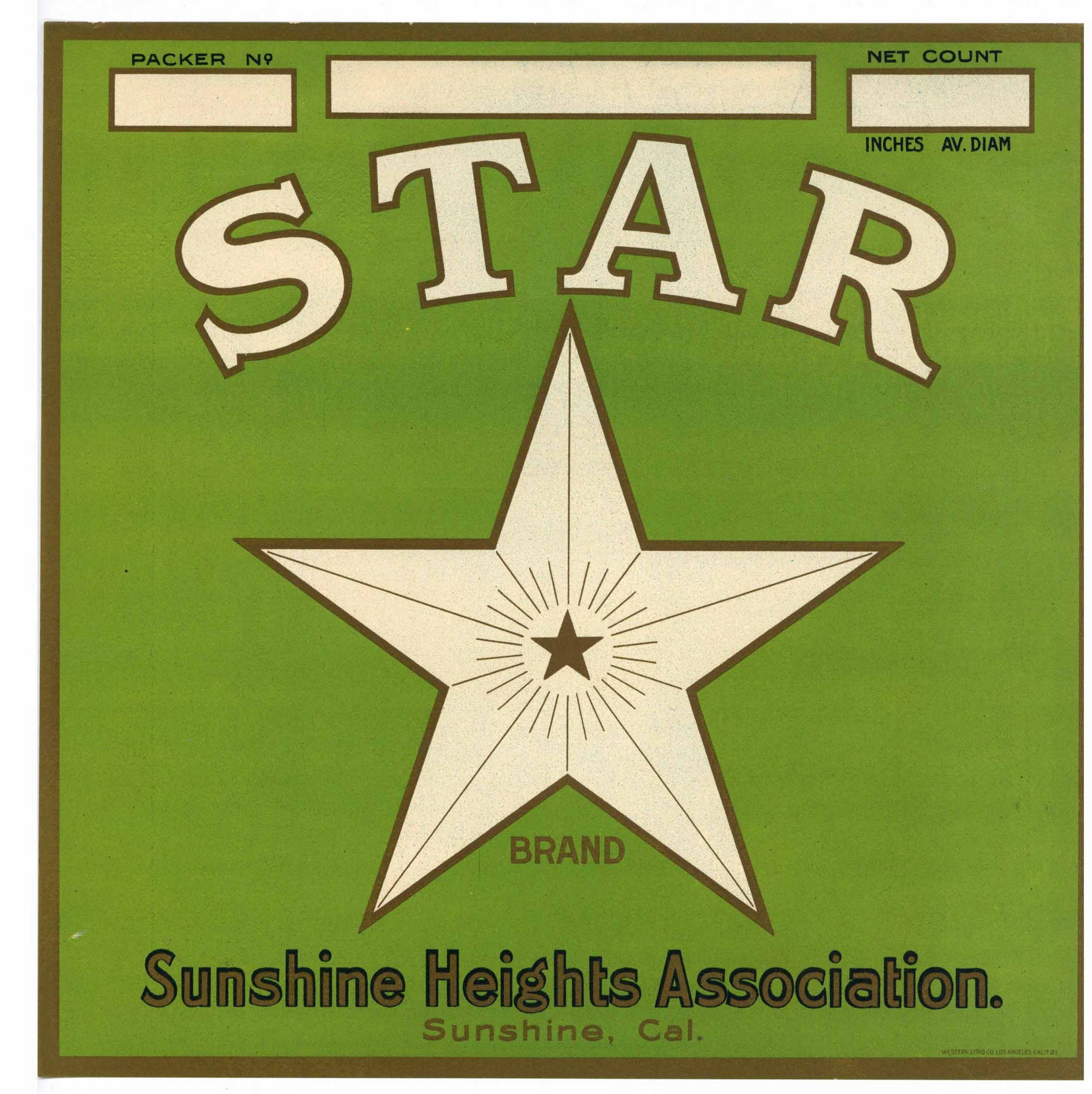 Star Brand Vintage Sunshine California Orange Crate Label