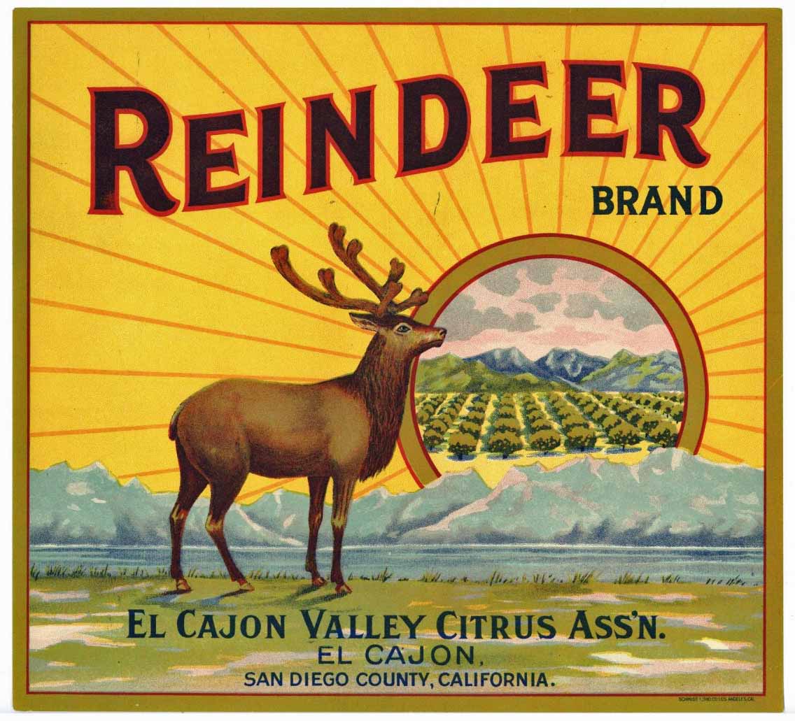 Reindeer Brand Vintage El Cajon 'Valley' Orange Crate Label