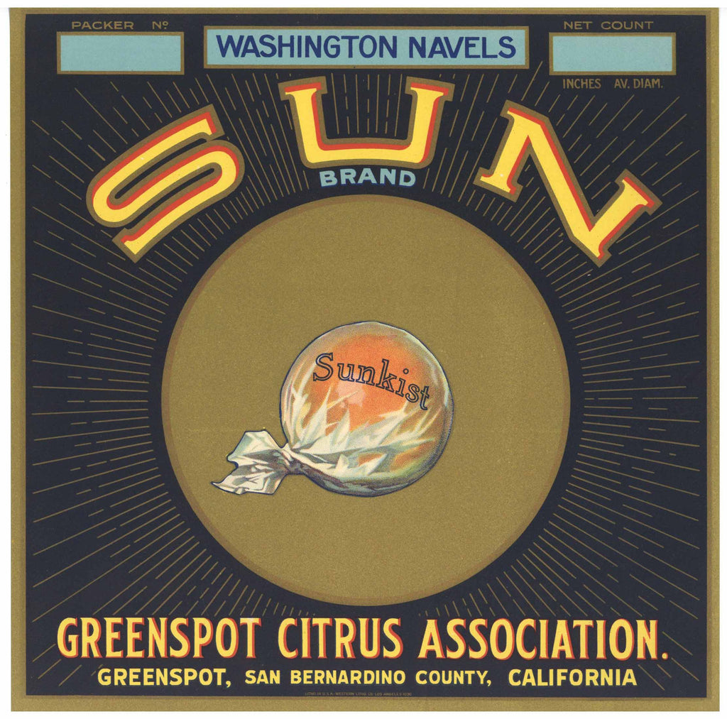 Sun Brand Vintage San Bernardino County Orange Crate Label, Washington Navels