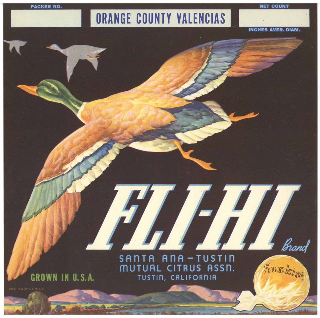 Fli-Hi Brand Vintage Tustin Orange Crate Label