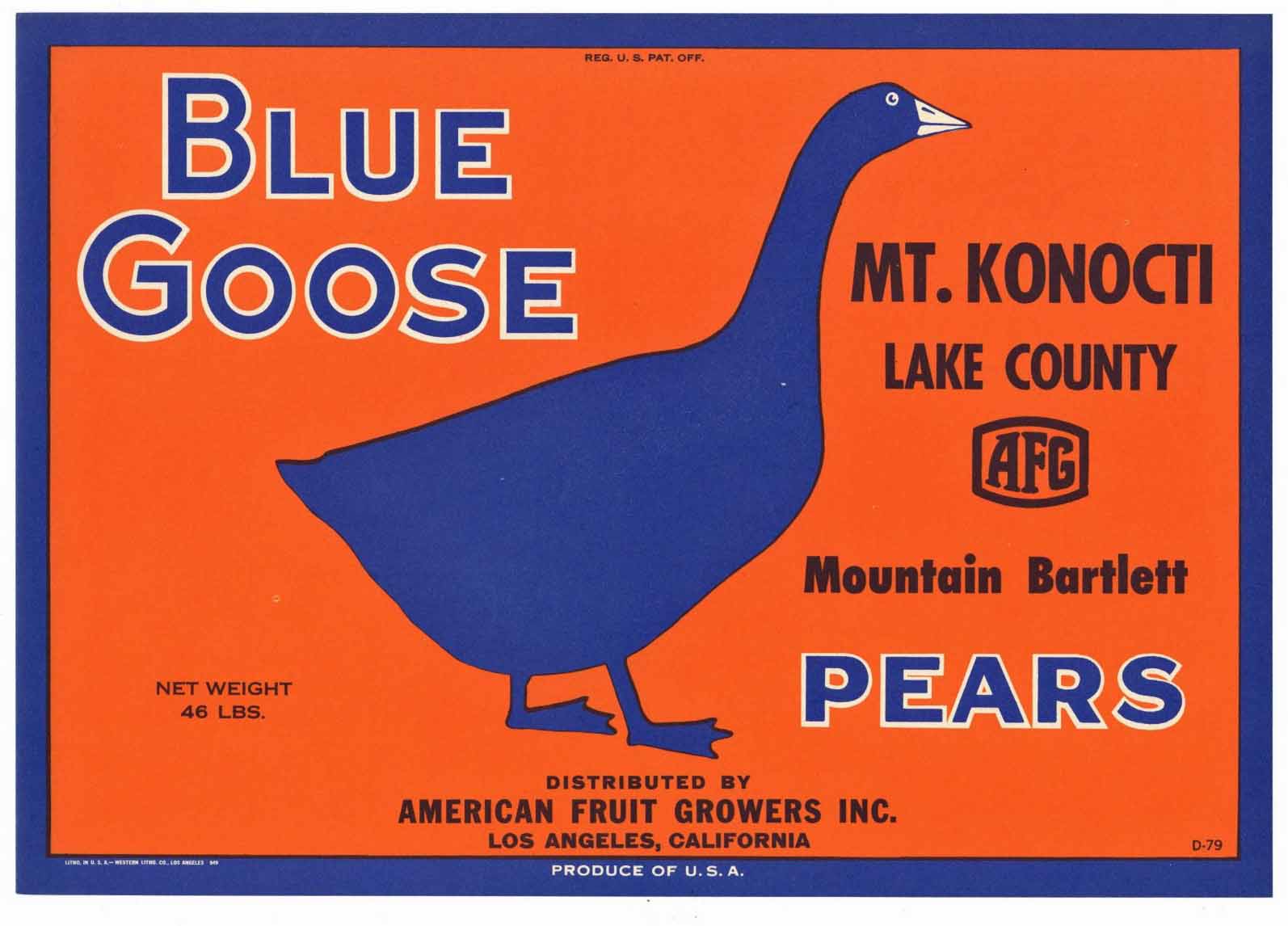 Blue Goose Brand Vintage Lake County California Pear Crate Label, Mt. Konocti