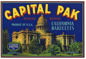 Capital Pak Brand Vintage Sacramento Pear Crate Label, Mendocino Mountain
