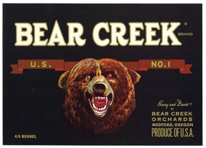 Bear Creek Brand Vintage Medford Oregon Pear Crate Label, U.S. No. 1