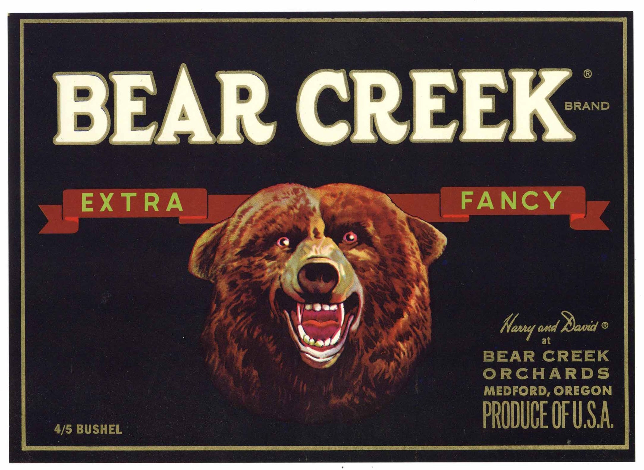 Bear Creek Brand Vintage Medford Oregon Pear Crate Label, Extra Fancy