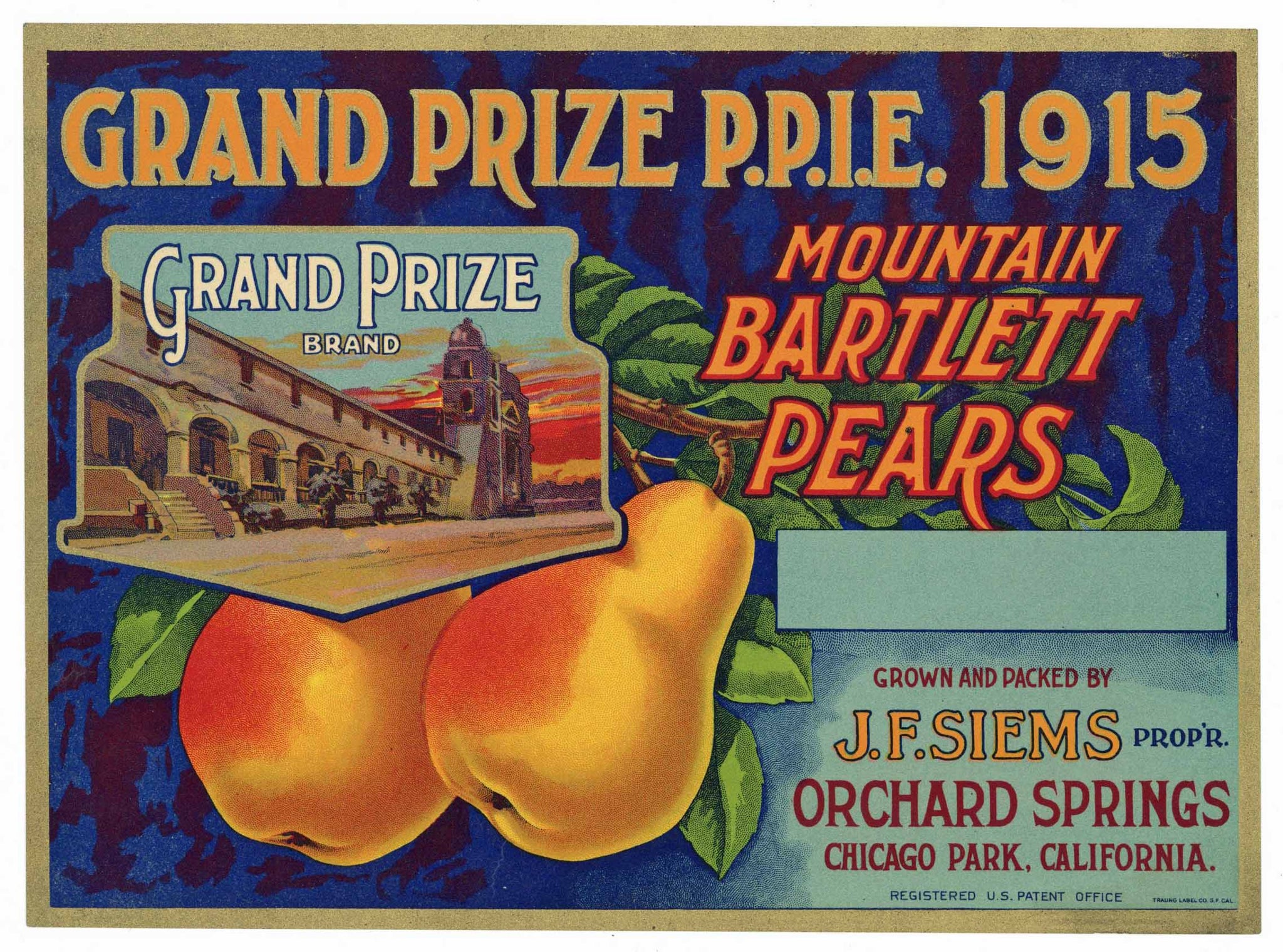 Grand Prize P.P.I.E. 1915 Brand Vintage Placer County Pear Crate Label