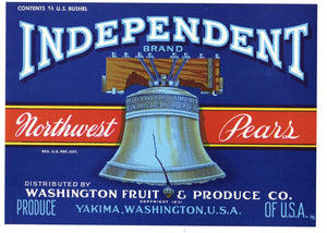 Independent Brand Vintage Yakima Pear Crate Label, Liberty Bell, blue