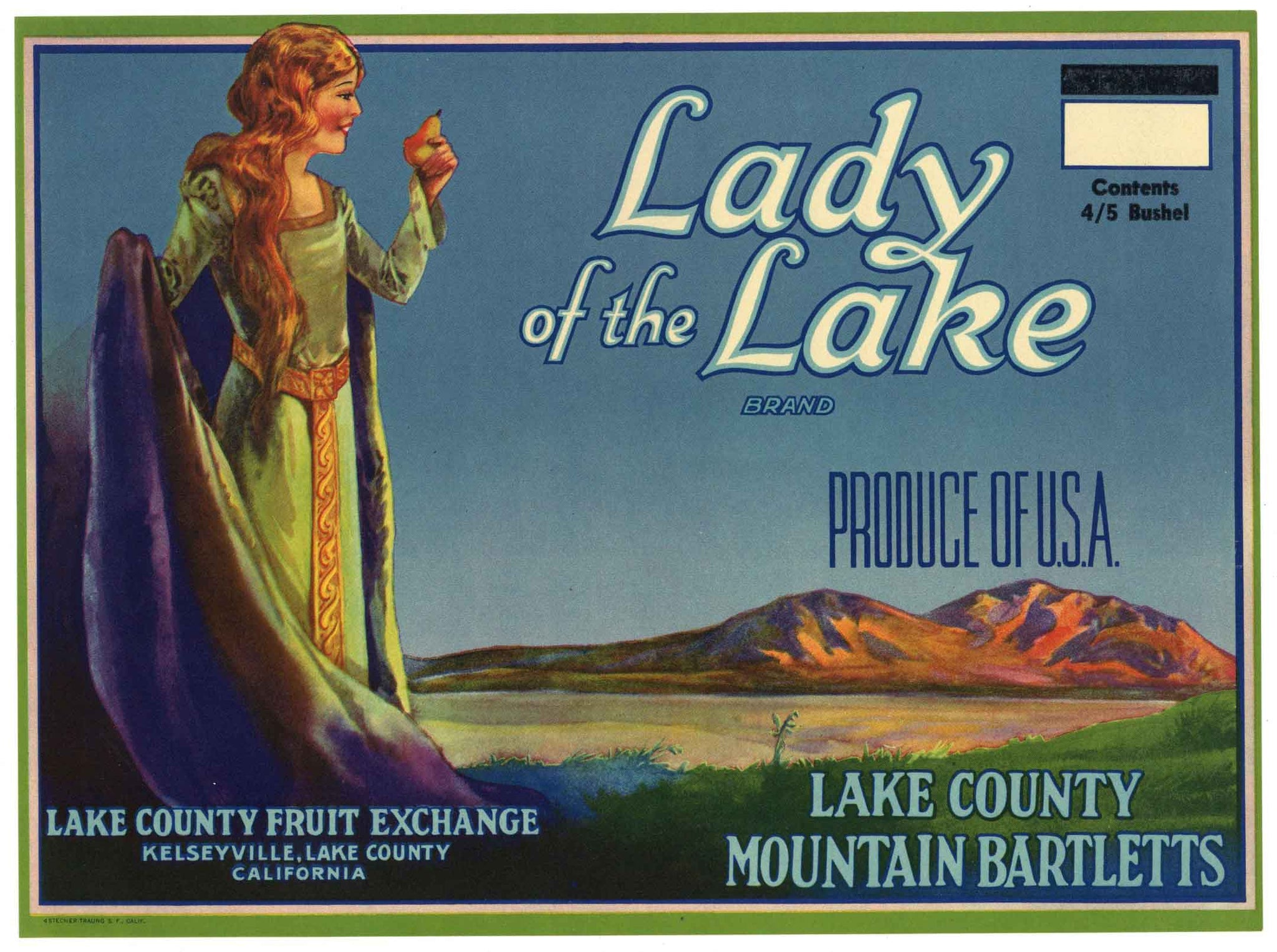 Lady Of The Lake  Brand Vintage Lake County Pear Crate Label, o