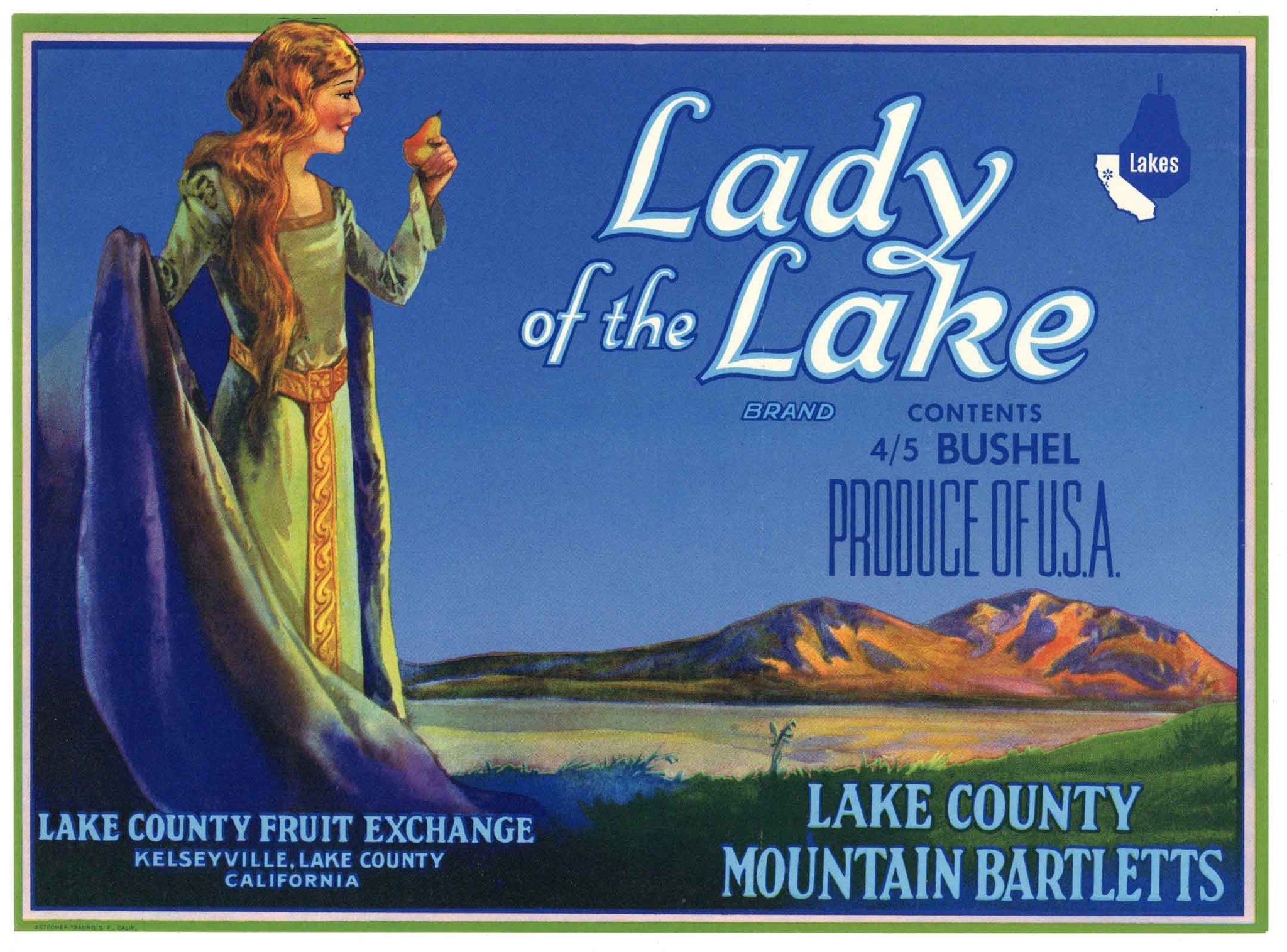 Lady Of The Lake  Brand Vintage Lake County Pear Crate Label, n