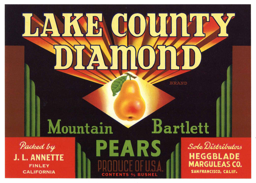 Lake County Diamond Brand Vintage Finley Pear Crate Label