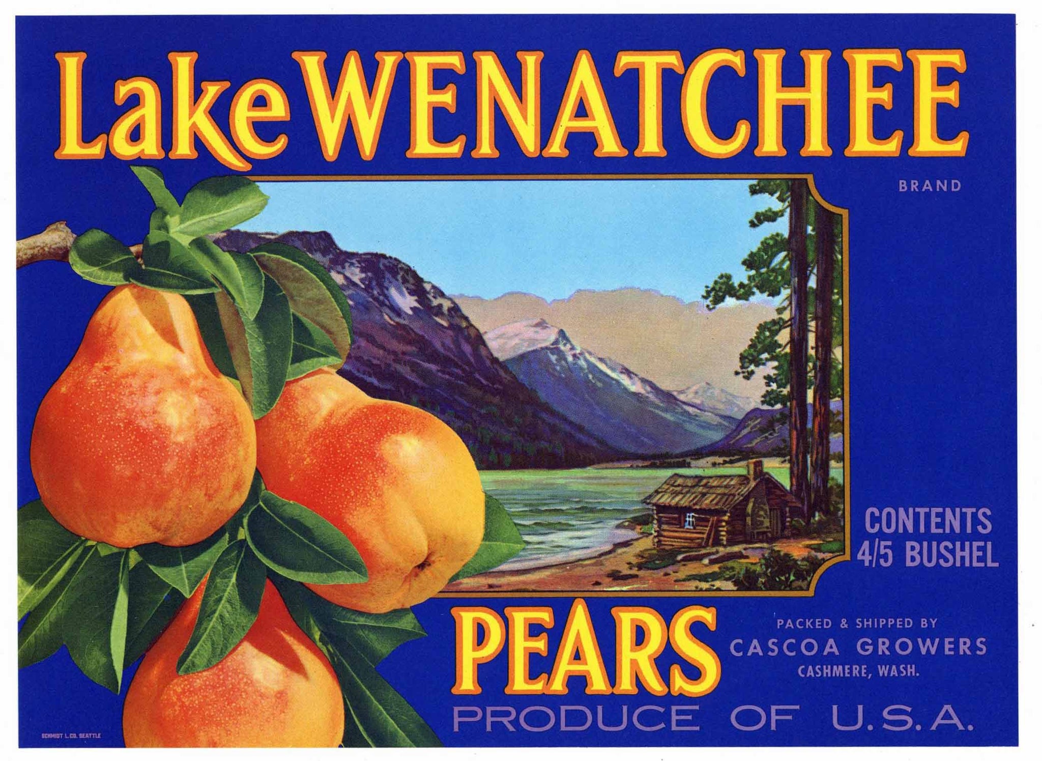 Lake Wenatchee Brand Vintage Cashmere Washington Pear Crate Label, blue