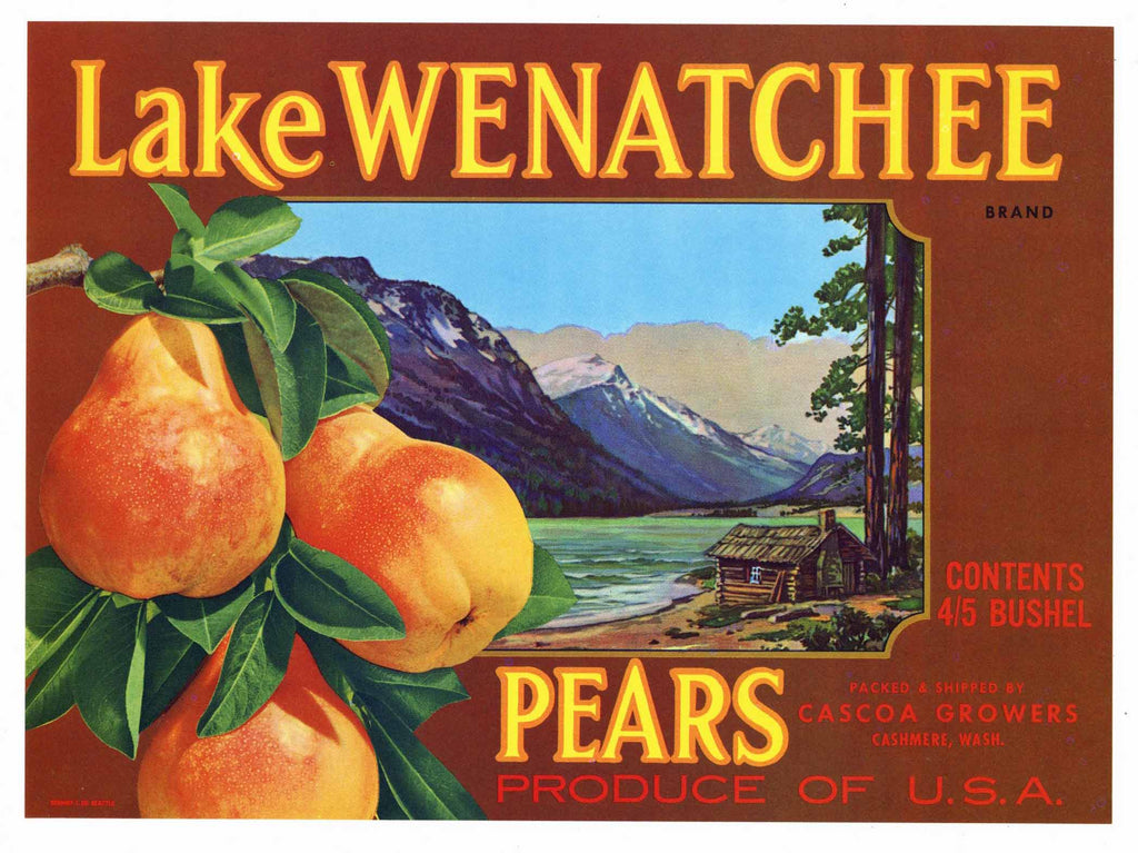 Lake Wenatchee Brand Vintage Cashmere Washington Pear Crate Label, brown