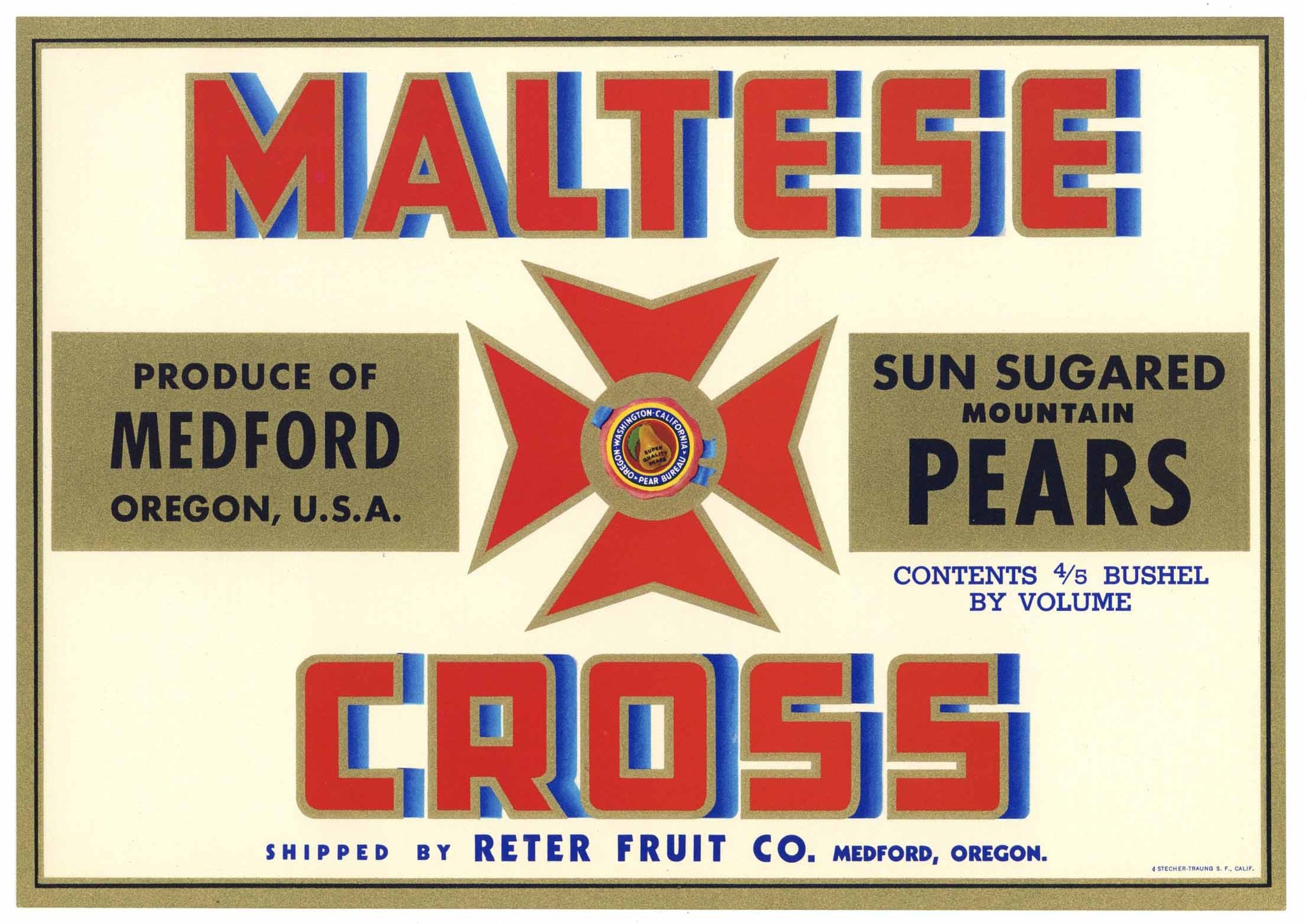Maltese Cross Brand Vintage Medford Oregon Pear Crate Label, red