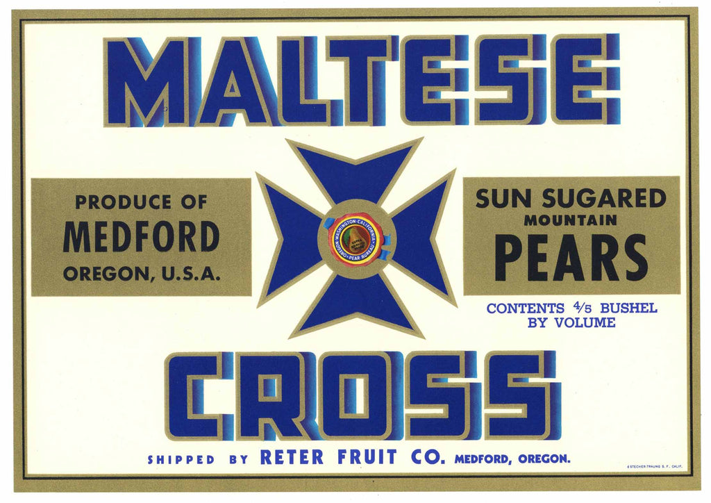 Maltese Cross Brand Vintage Medford Oregon Pear Crate Label, blue