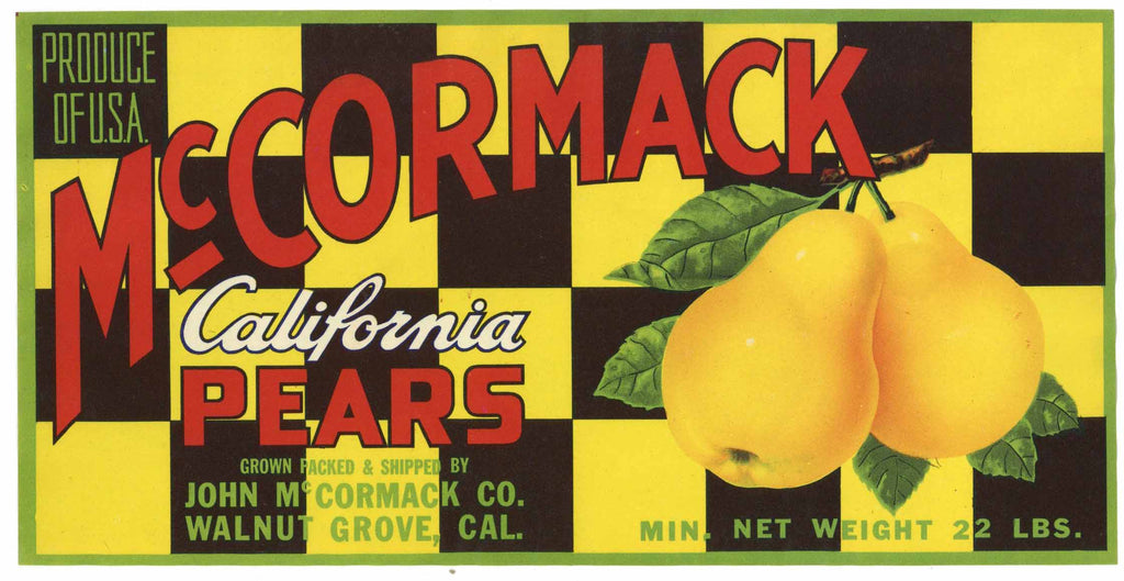 McCormack Brand Vintage Sacramento Delta Pear Crate Label, yellow, s