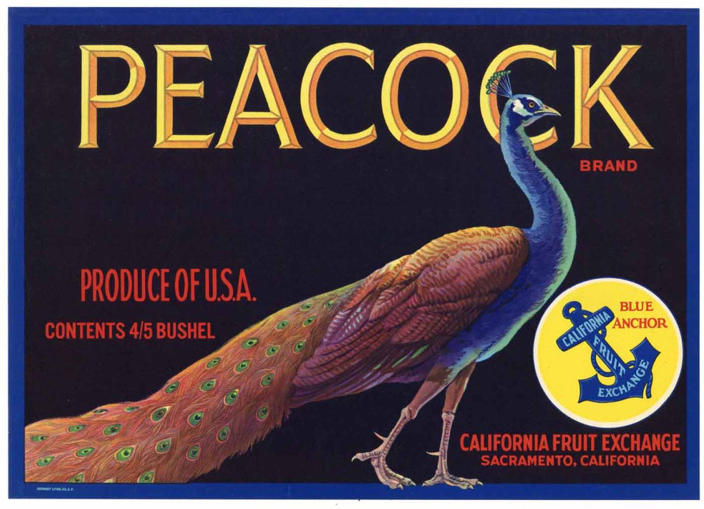 Peacock Brand Vintage Sacramento Pear Crate Label, 4/5 bushel