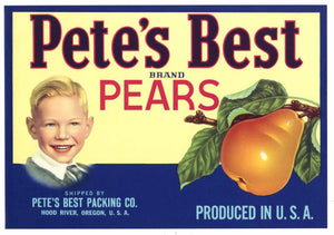 Pete's Best Brand Vintage Hood River Oregon Pear Crate Label