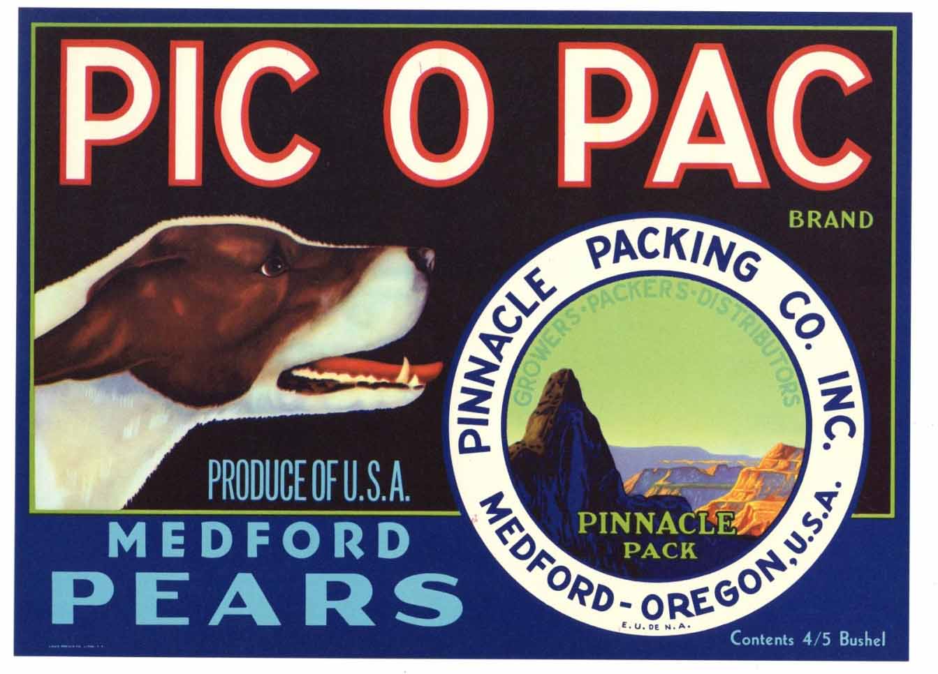 Pic O Pac Brand Vintage Medford Oregon Pear Crate Label
