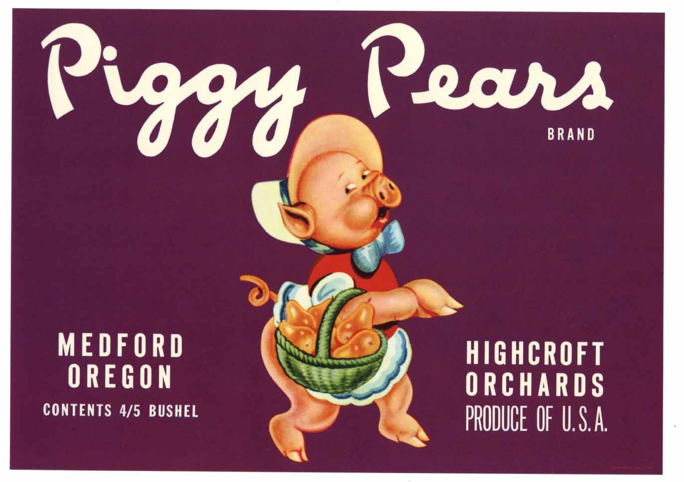 Piggy Pears Brand Vintage Medford Oregon Pear Crate Label