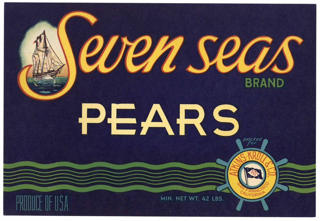 Seven Seas Brand Vintage Atkins Kroll Pear Crate Label