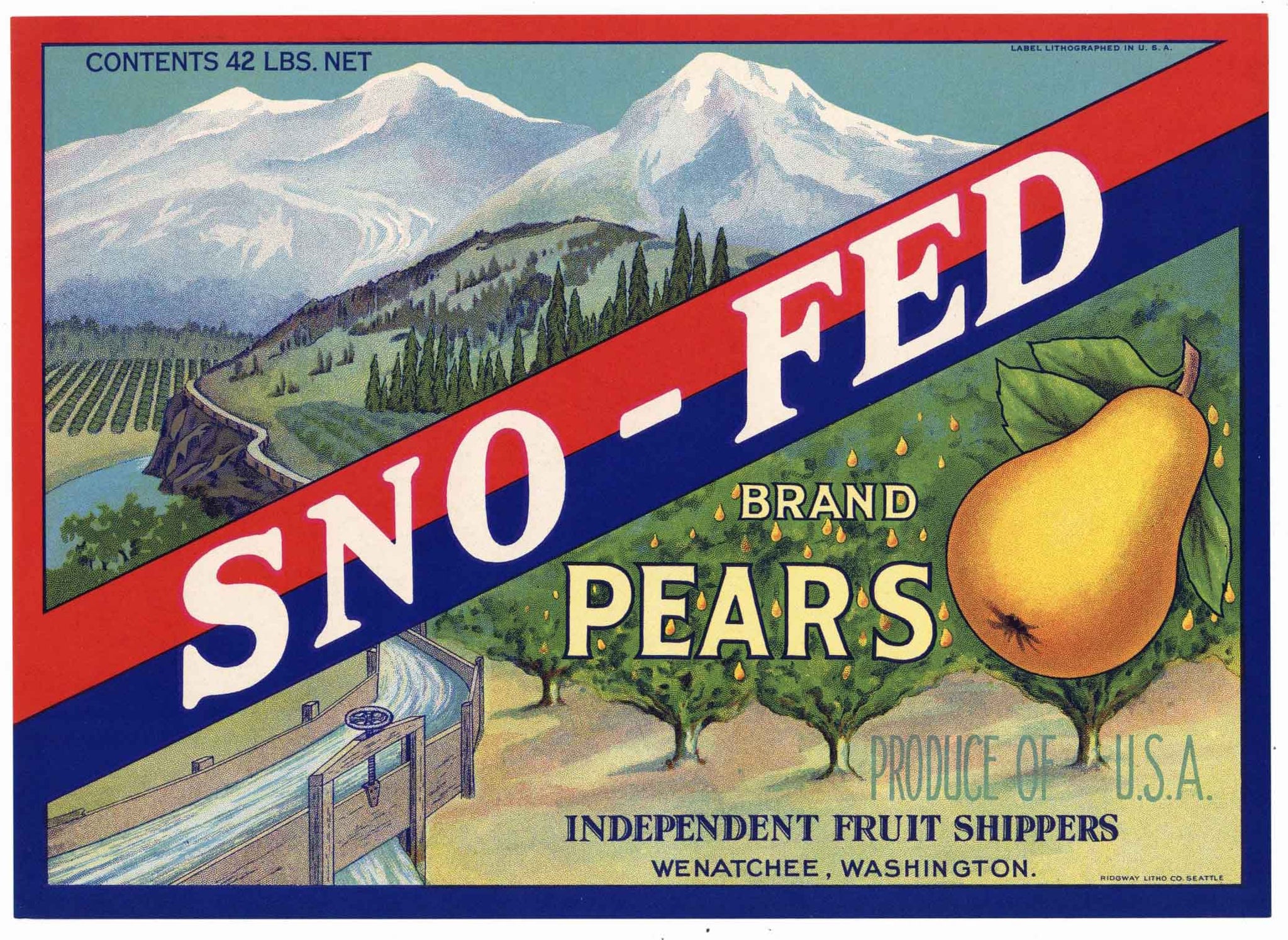 Sno-Fed Brand Vintage Washington Pear Crate Label, red