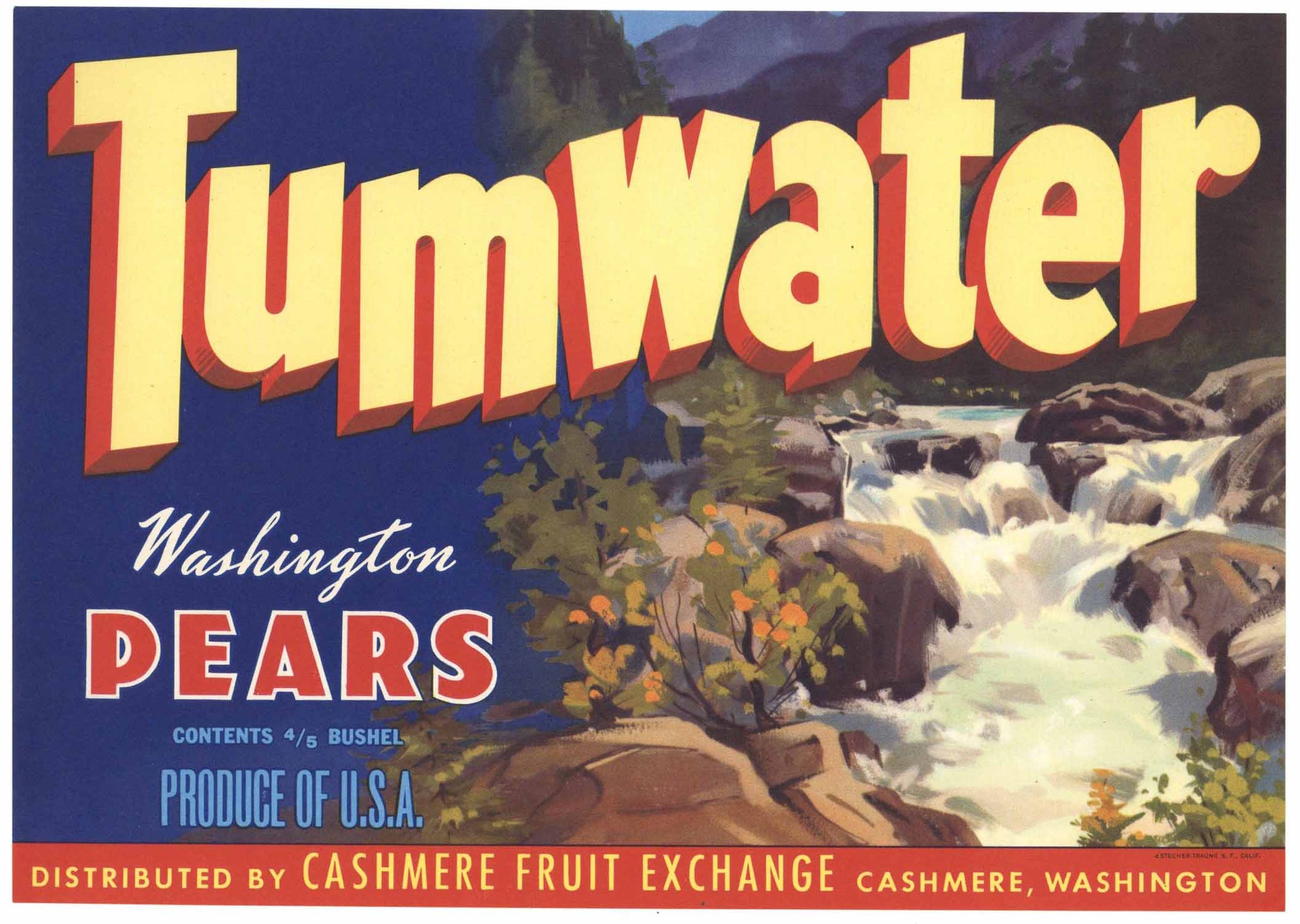 Tumwater Brand Vintage Washington Pear Crate Label, river