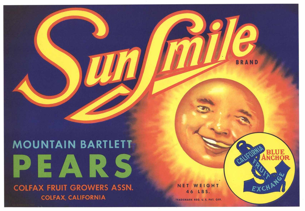 Sunsmile Brand Vintage Colfax California Pear Crate Label b