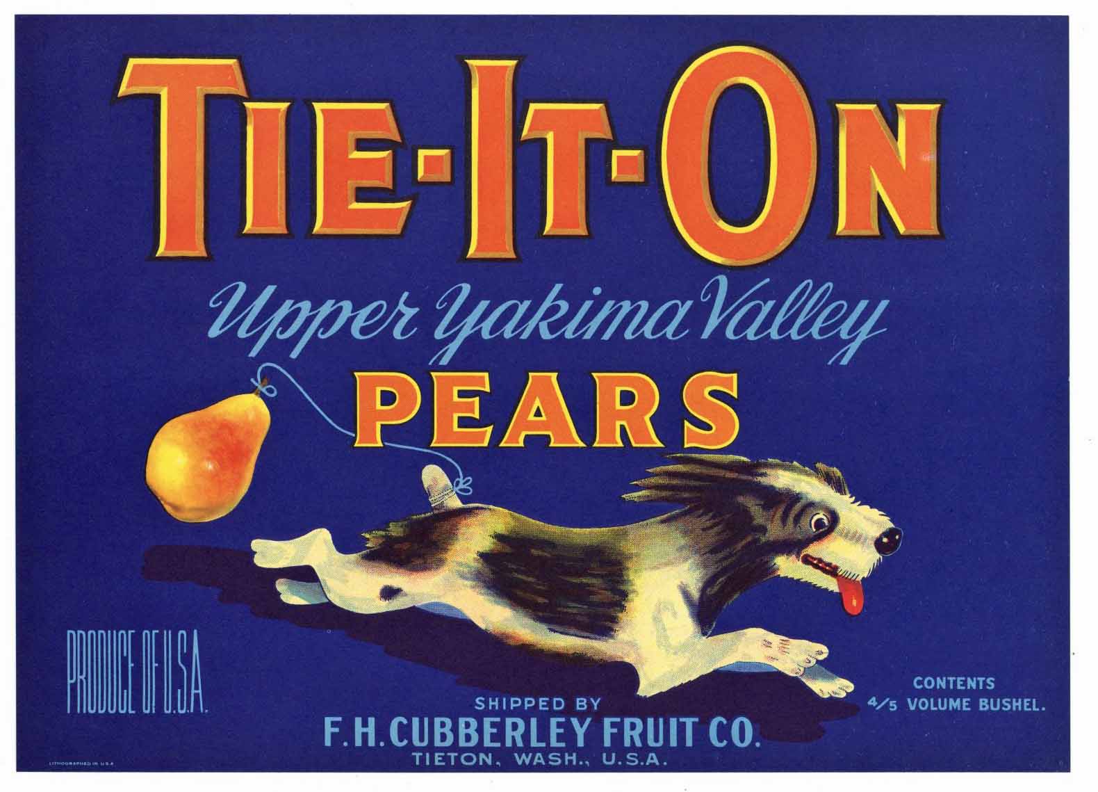 Tie-It-On Brand Vintage Tieton, Washington Pear Crate Label