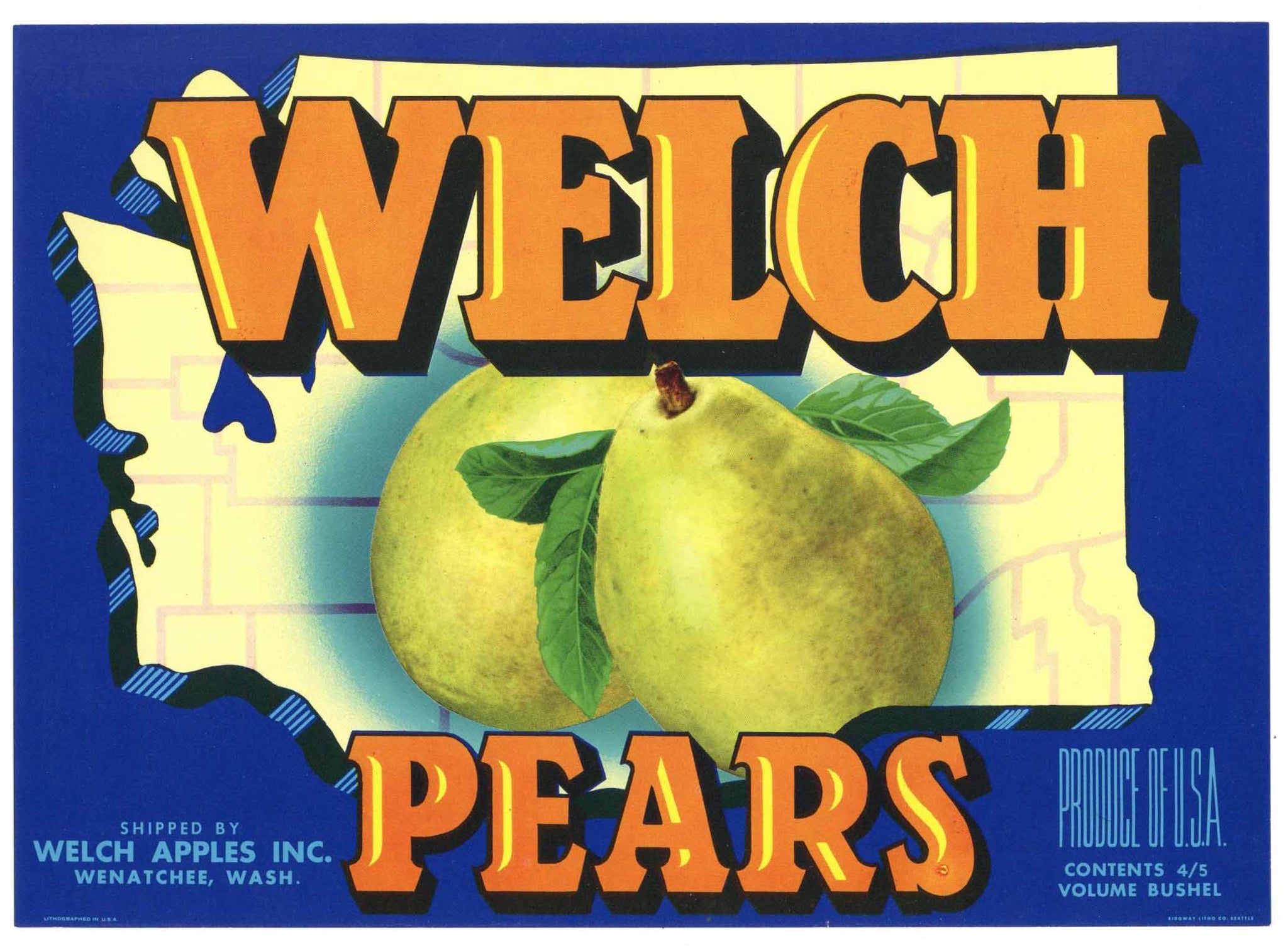 Welch Brand Vintage Wenatchee Washington Pear Crate Label