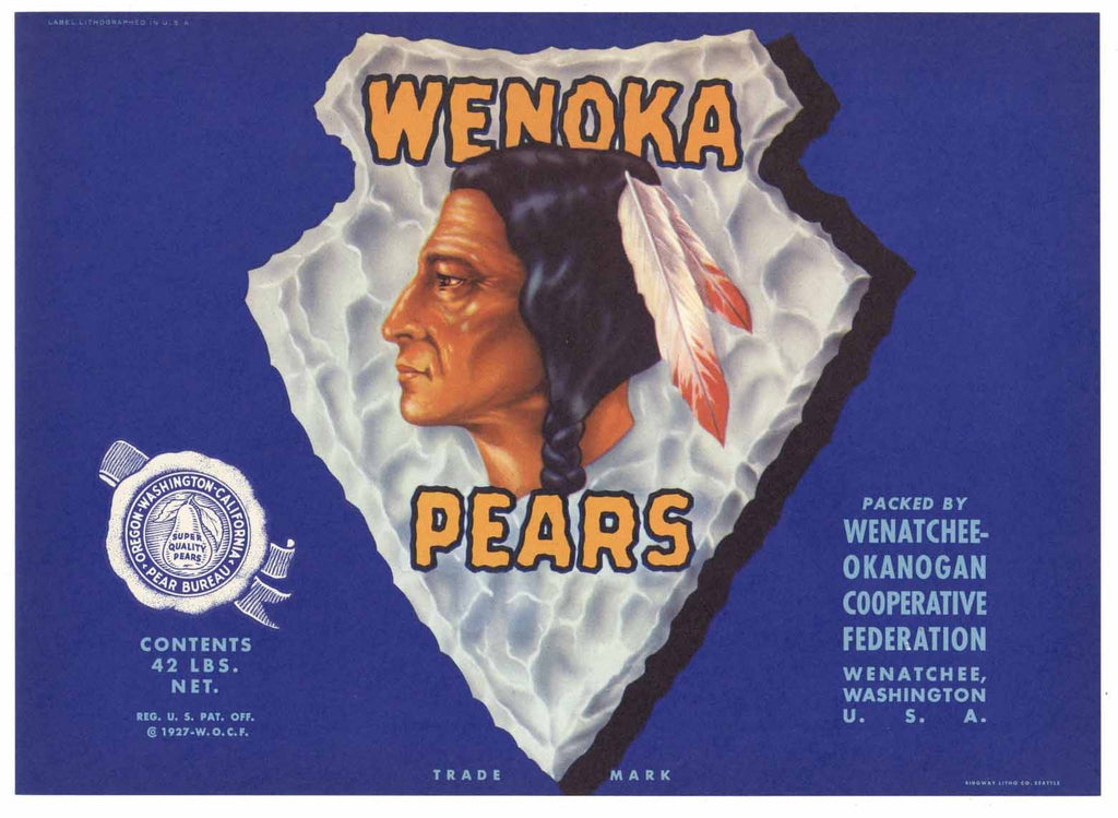 Wenoka Brand Vintage Wenatchee, Washington Pear Crate Label