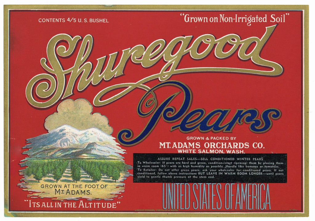 Shuregood Brand Vintage Washington Pear Crate Label, red