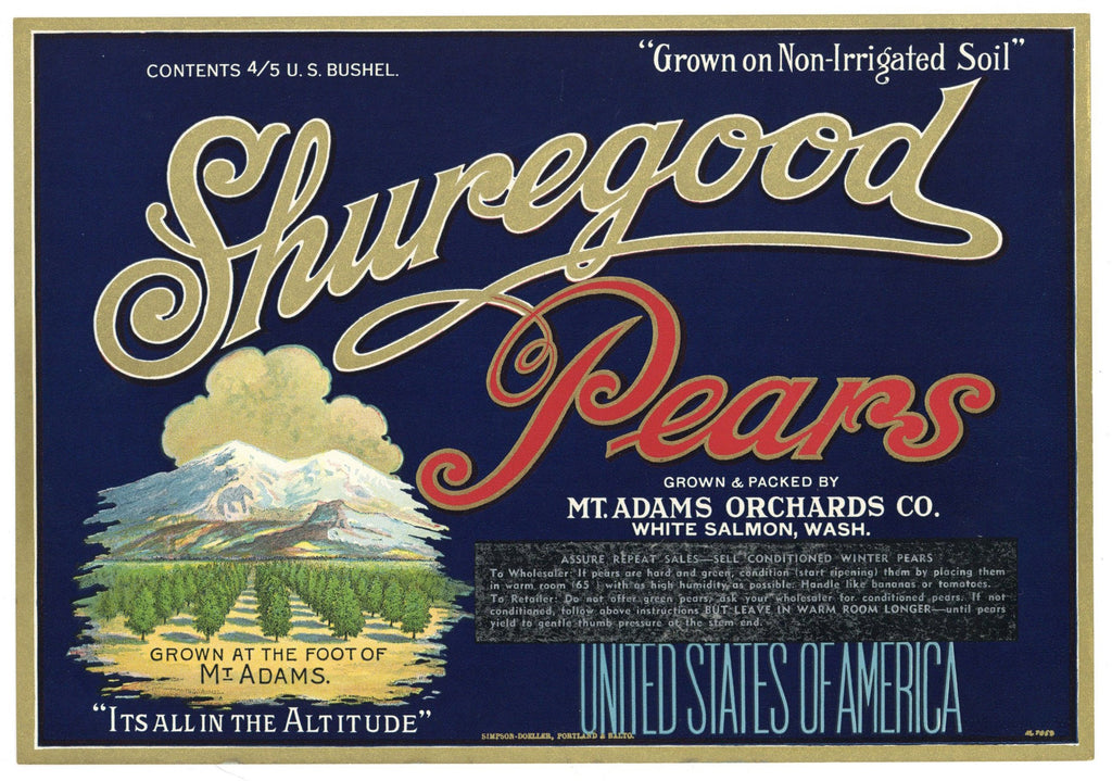 Shuregood Brand Vintage Washington Pear Crate Label, blue