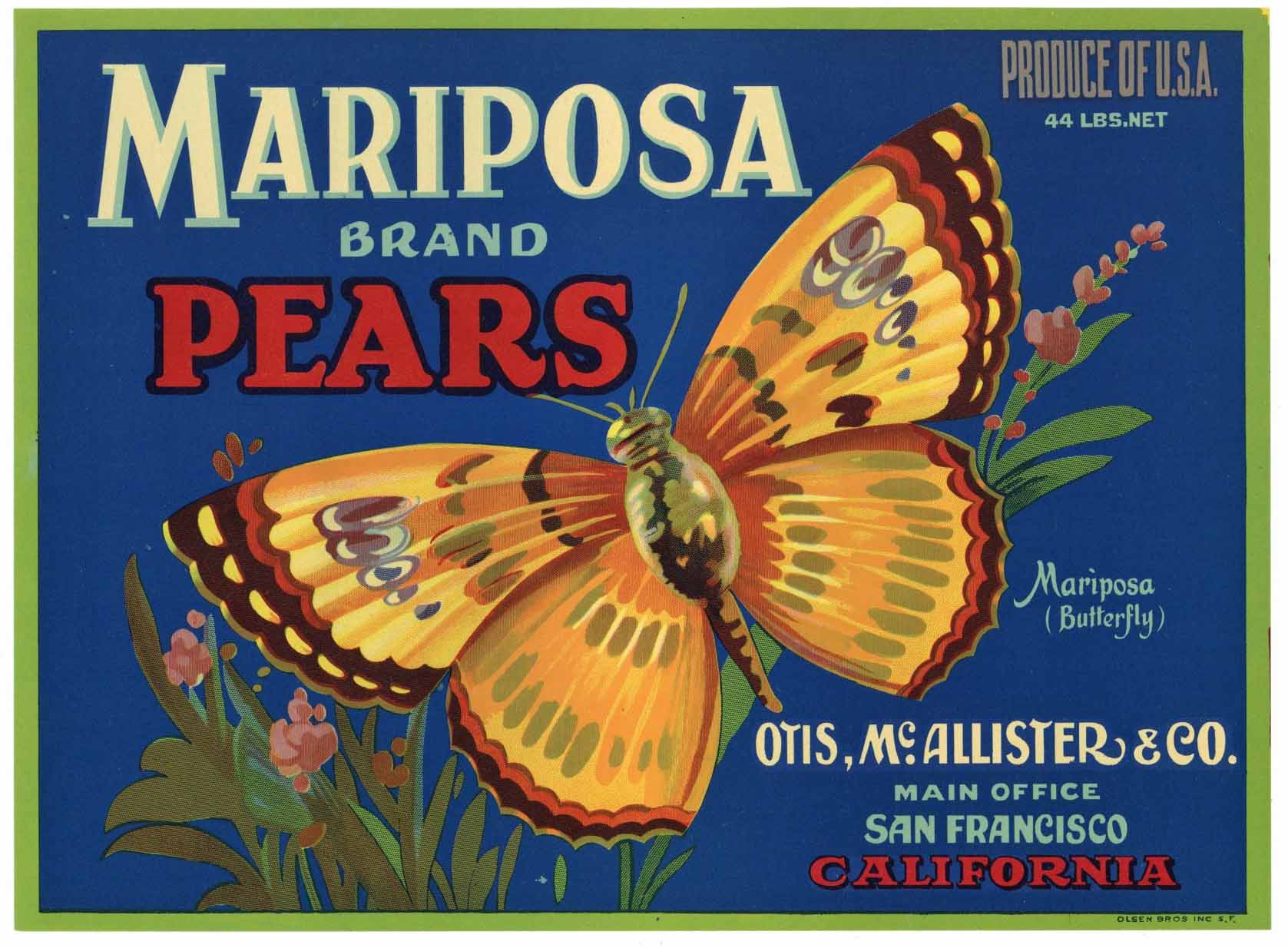 Mariposa Brand Vintage Pear Crate Label, Butterfly