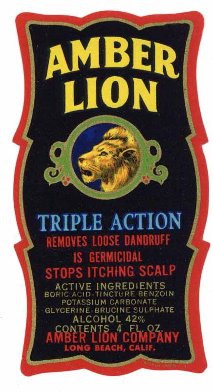 Amber Lion Brand Vintage Long Beach California Shampoo Bottle Label