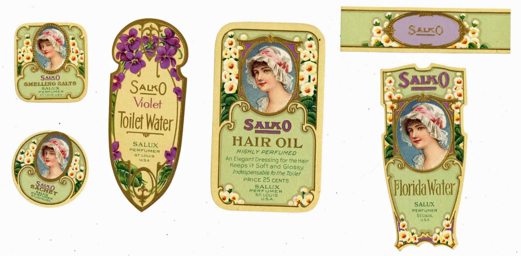 Salko Brand Vintage Perfume Bottle Label Set Of 5