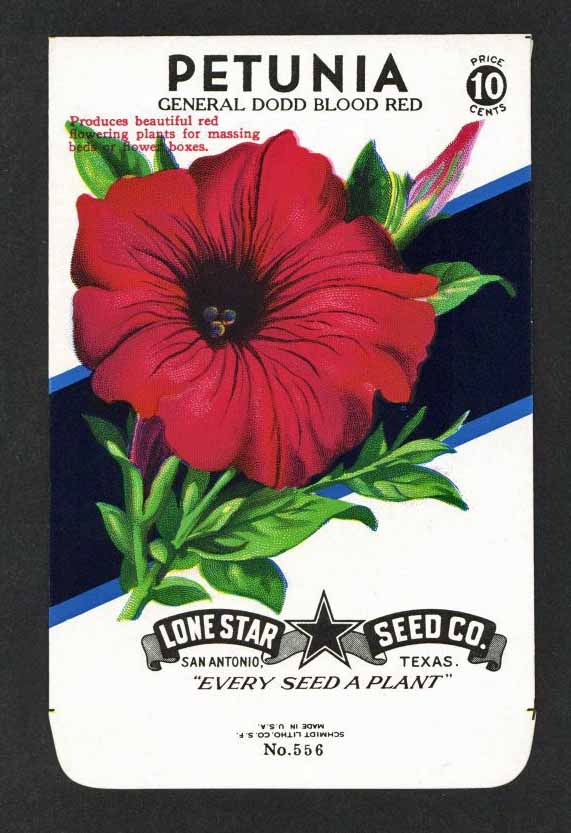 Petunia Vintage Lone Star Seed Packet, Dodd Blood Red